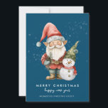 Gnome Snowman Merry Christmas Corporate Flat Holiday Card<br><div class="desc">A gnome dressed in red stands beside a snowman in a green elf stocking hat and red scarf. They are surrounded by a dusting of white snow that pops on the dark blue background. The minimalist aesthetic is created with a simple Merry Christmas and Happy New Year below. The business...</div>