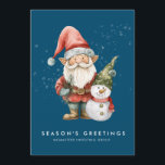 Gnome Snowman Season's Greetings Corporate Flat Holiday Card<br><div class="desc">A gnome dressed in red stands beside a snowman in a green elf stocking hat and red scarf. They are surrounded by a dusting of white snow that pops on the dark blue background. The minimalist aesthetic is created with a simple Merry Christmas the business name below. An editable Christmas...</div>
