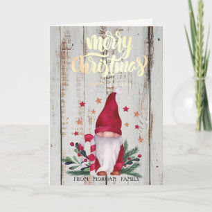Gnome,Stars Pine Tree Branches Merry Christmas Holiday Card