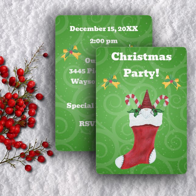 Gnome Stocking Holly Leaves Candy Canes Christmas Invitation (Gnome in stocking candy canes holly on bows on green swirled Christmas party invitations.)