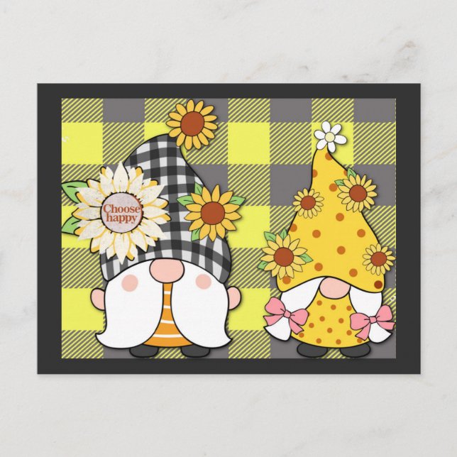 Gnome Sunflower Choose Happy Cute Plaid Postcard (Front)