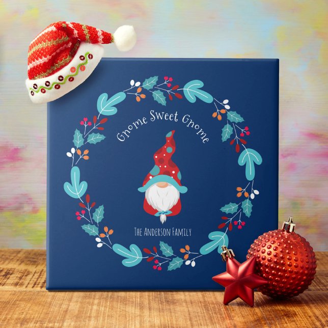 Gnome Sweet Gnome Blue Modern Elf Floral Wreath Ceramic Tile (Creator Uploaded)