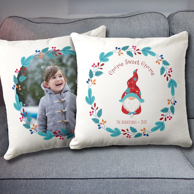 Gnome Sweet Gnome Cute Elf Floral Wreath Photo Throw Pillow (Creator Uploaded)