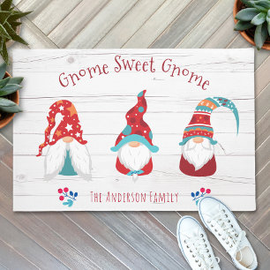 Gnome Sweet Gnome Cute Elf Rustic Wood Custom Name Doormat