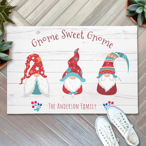 Gnome Sweet Gnome Cute Elf Rustic Wood Custom Name Doormat