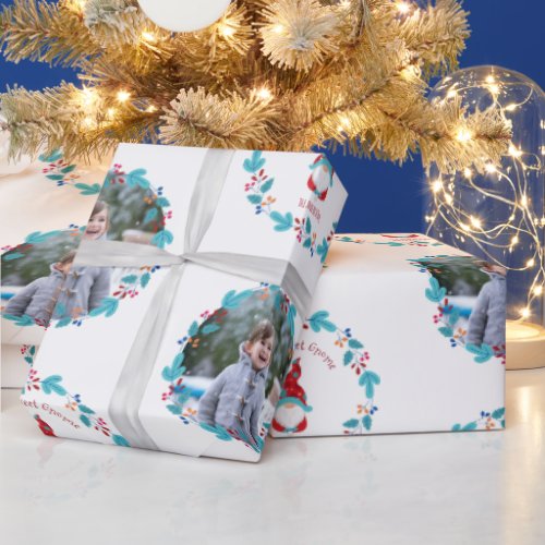 Gnome Sweet Gnome Cute Floral Wreath Custom Photo Wrapping Paper