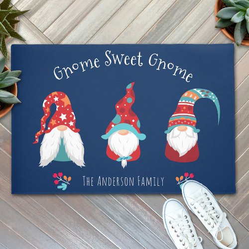 Gnome Sweet Gnome Cute Fun Elf Holiday Custom Navy Doormat