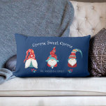 Gnome Sweet Gnome Cute Fun Modern Holiday Elf Blue Lumbar Pillow<br><div class="desc">“Gnome sweet gnome.” Three cute, funny, whimsical Scandinavian designed gnomes in red, dusty blue and orange along with decorative berries, all on a navy blue background, will delightfully help decorate your home for Christmas. Feel the warmth and joy of the holiday season whenever you relax with this fun, simple, modern,...</div>