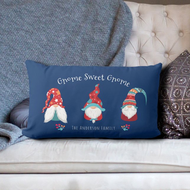 Gnome Sweet Gnome Cute Fun Modern Holiday Elf Blue Lumbar Pillow (Creator Uploaded)