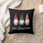 Gnome Sweet Gnome | Cute Modern Christmas  Throw Pillow<br><div class="desc">This cute, fun decorative throw pillow features 3 gnomes in red, white, green, and gray. Play on word text reads, "Gnome Sweet Gnome." The background color is black but can be customized, if desired. The back contains a pattern of white Christmas trees. Perfect for decorating your home for the holidays...</div>