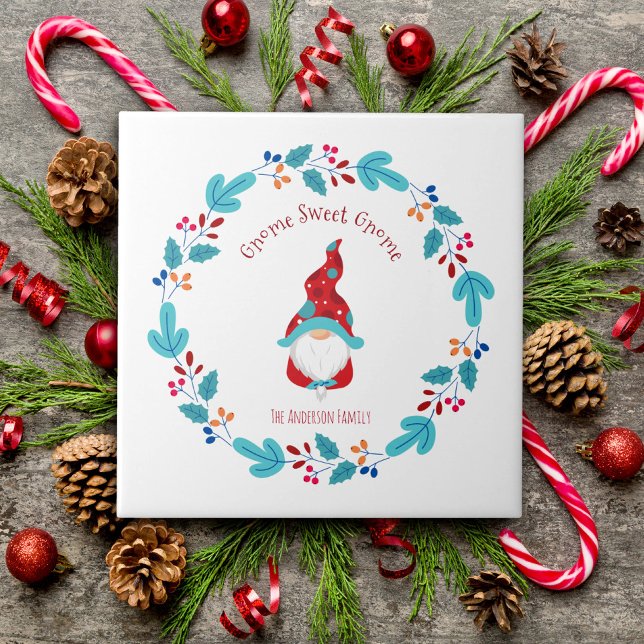 Gnome Sweet Gnome Cute Modern Elf Floral Wreath Ceramic Tile (Creator Uploaded)