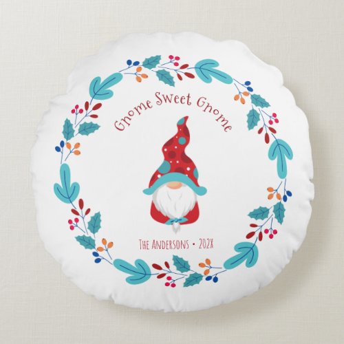 Gnome Sweet Gnome Cute Modern Elf Floral Wreath Round Pillow