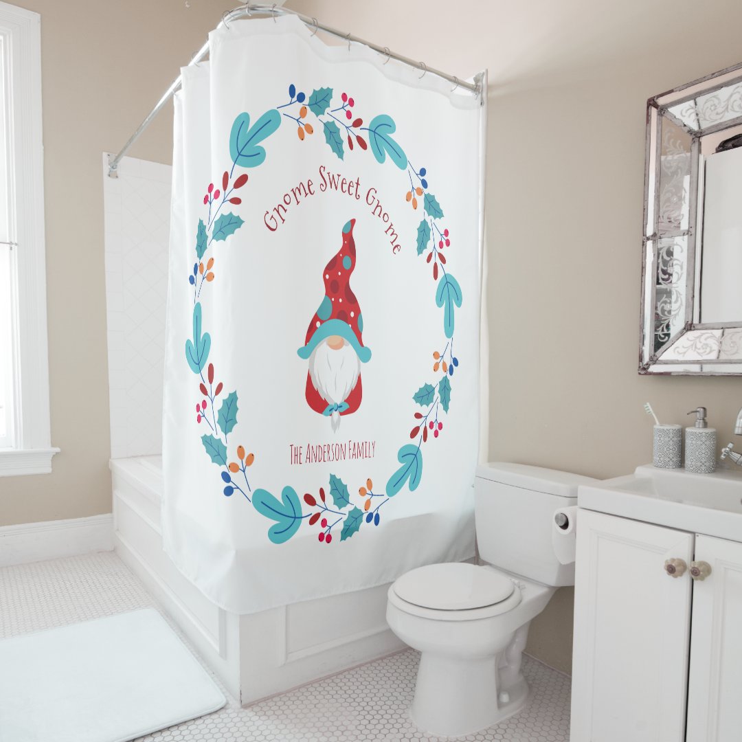 "Gnome Sweet Gnome" Cute Modern Elf Floral Wreath Shower Curtain Zazzle
