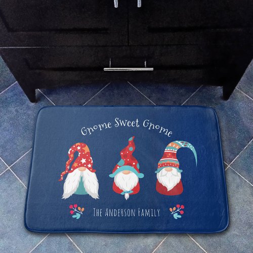 Gnome Sweet Gnome Cute Modern Holiday Elf Navy Bath Mat