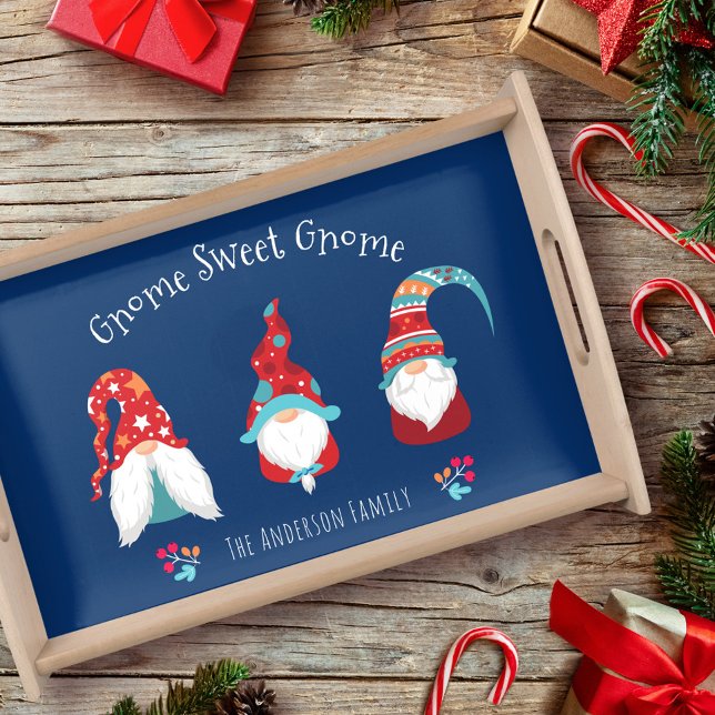 Gnome Sweet Gnome Cute Modern Holiday Elf Navy Serving Tray (Creator Uploaded)