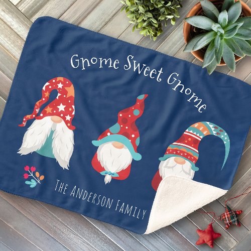 Gnome Sweet Gnome Cute Modern Holiday Elf Navy Sherpa Blanket