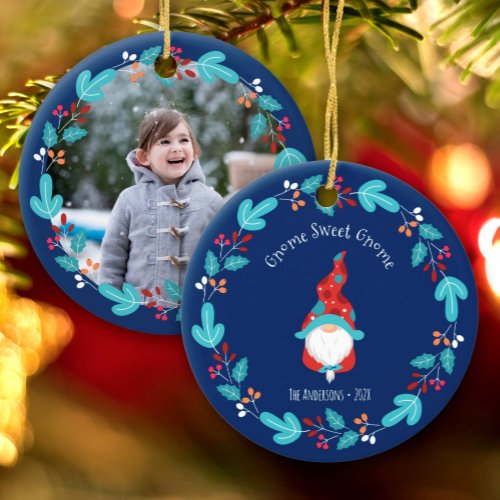 Gnome Sweet Gnome Elf Floral Wreath Photo Blue Ceramic Ornament