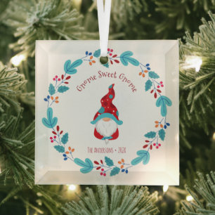 Gnome Sweet Gnome Elf Floral Wreath Whimsical Fun  Glass Ornament