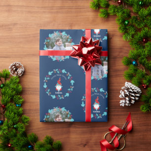 Gnome Sweet Gnome Floral Wreath Blue Custom Photo Wrapping Paper