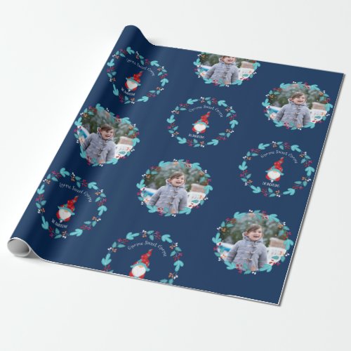 Gnome Sweet Gnome Floral Wreath Custom Photo Blue Wrapping Paper