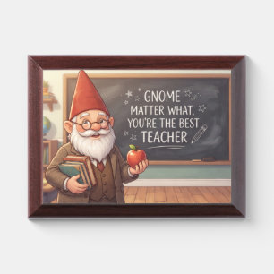 Gnome Teacher Holding Books and Apple in Classroom Award Plaque