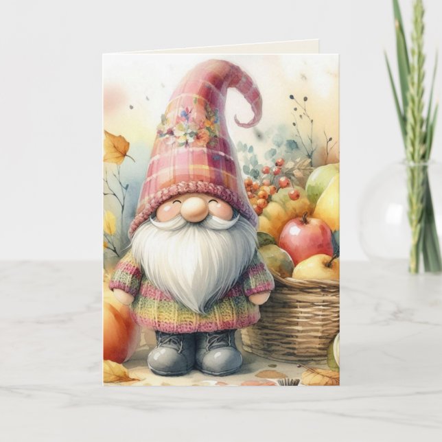 Gnome Thanksgiving Fall leaves pumpkins watercolor Holiday Card (Front)