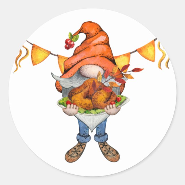 Gnome Thanksgiving Theme Birthday Party Classic Round Sticker (Front)