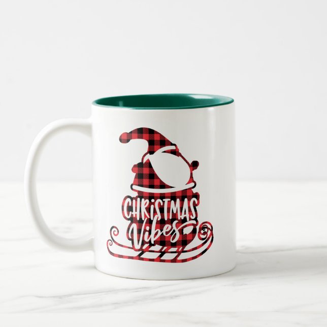 Gnome Theme Merry Christmas Plaid Santa Sleigh Two-Tone Coffee Mug (Left)