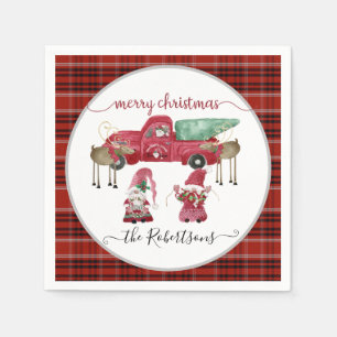 Gnome Truck Tree Merry Christmas Red Black Plaid Napkins