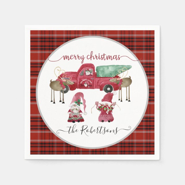Gnome Truck Tree Merry Christmas Red Black Plaid Napkins (Front)