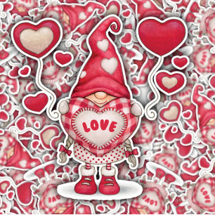 Gnome Valentine Red Hearts Cute Die-Cut Sticker