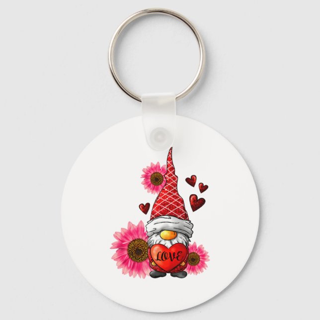 Gnome Valentines Day Cute Gnome Heart Leopard Sunf Keychain (Front)
