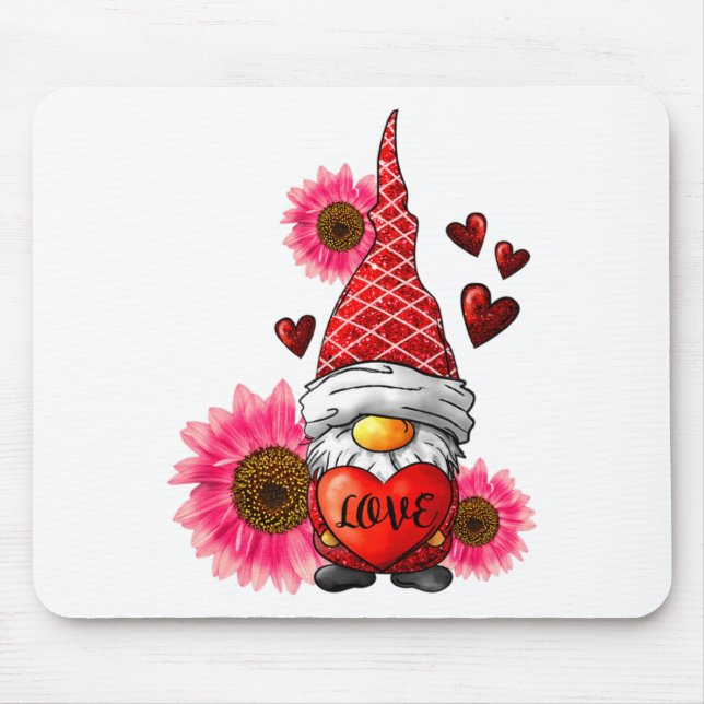 Gnome Valentines Day Cute Gnome Heart Leopard Sunf Mouse Pad (Front)