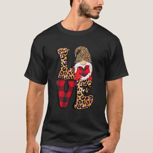 Gnome Valentines Day Love Cute Red Plaid Leopard P T_Shirt