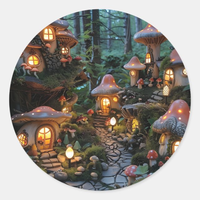 Gnome village at evening time classic round sticker (Front)