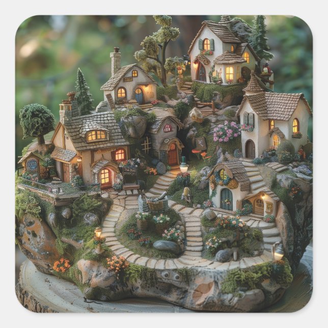 Gnome village on a tree trunk square sticker (Front)
