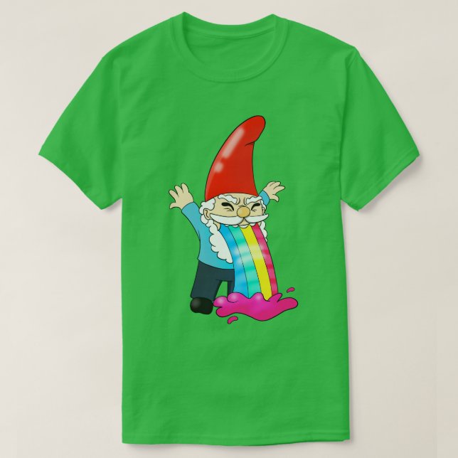 Gnome Vomiting Throwing Up Rainbow Funny T-Shirt (Design Front)