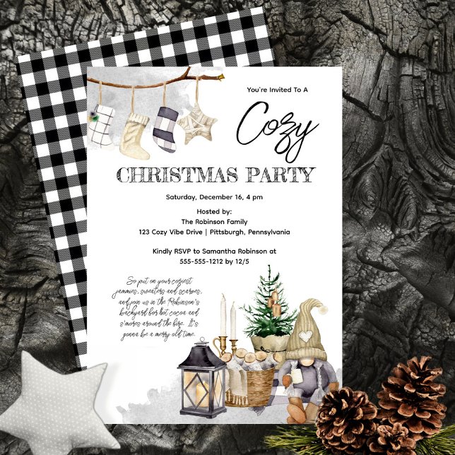 Gnome Watercolor Cozy Christmas Party Invitation (Hygge-Themed Gnome design "Cozy Christmas Party" -- great for indoor and outdoor holiday gatherings.)