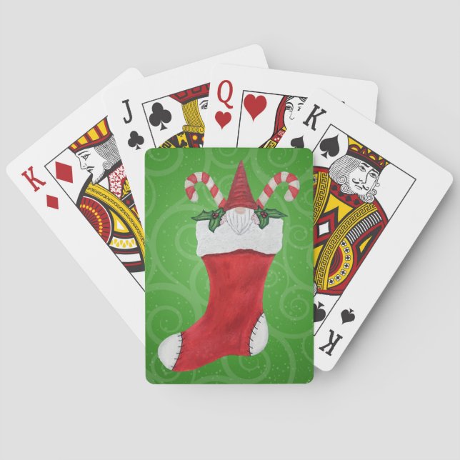 Gnome Wearing Red Hat in Christmas Stocking Green  Poker Cards (Back)