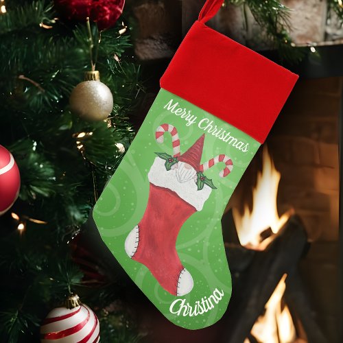 Gnome White Beard Candy Canes Stocking Green Swirl