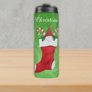 Gnome White Beard in Christmas Stocking on Swirls Thermal Tumbler