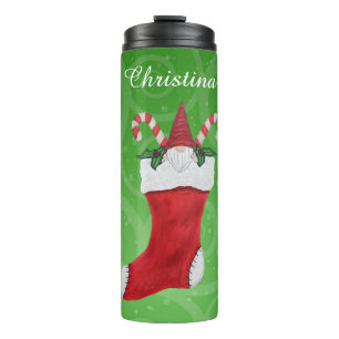 Gnome White Beard in Christmas Stocking on Swirls Thermal Tumbler