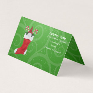Gnome White Beard in Red Christmas Stocking Green Business Card