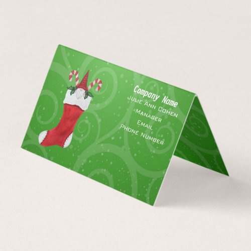 Gnome White Beard in Red Christmas Stocking Green Business Card