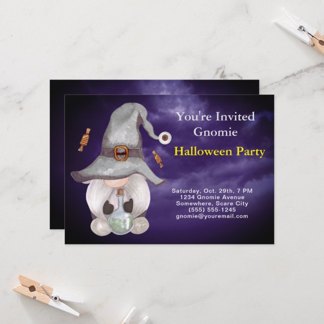 Gnome Witch Magic Cloudy Blue Sky Halloween Party Invitation (Front/Back In Situ)