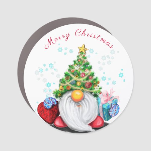 Gnome with Christmas Tree Hat and Gift Car Magnet