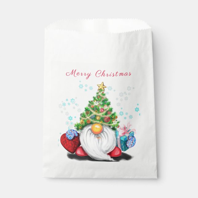 Gnome with Christmas Tree Hat and Gift Favor Bag (Front)