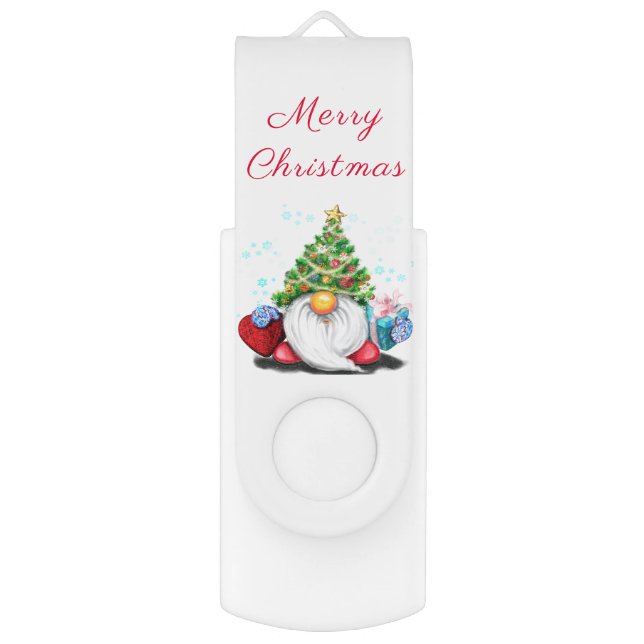 Gnome with Christmas Tree Hat and Gift Flash Drive (Front Vertical)