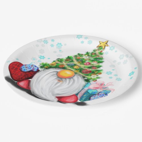 Gnome with Christmas Tree Hat and Gift For You Paper Plates