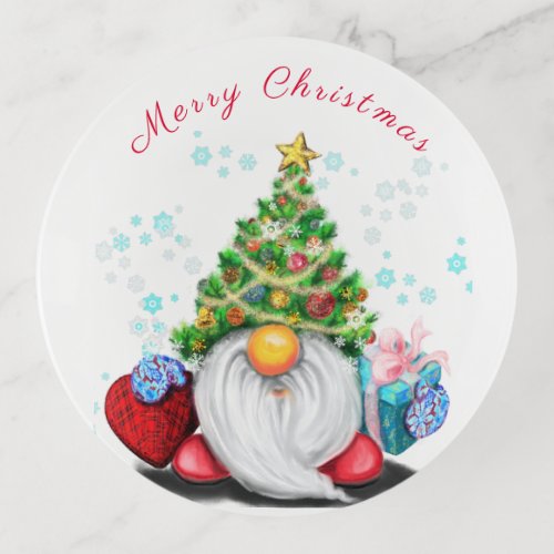 Gnome with Christmas Tree Hat and Gift For You Trinket Tray